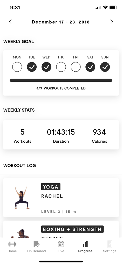 My progress screen that one week I went hard. (Hard for me is three workouts in one week.)